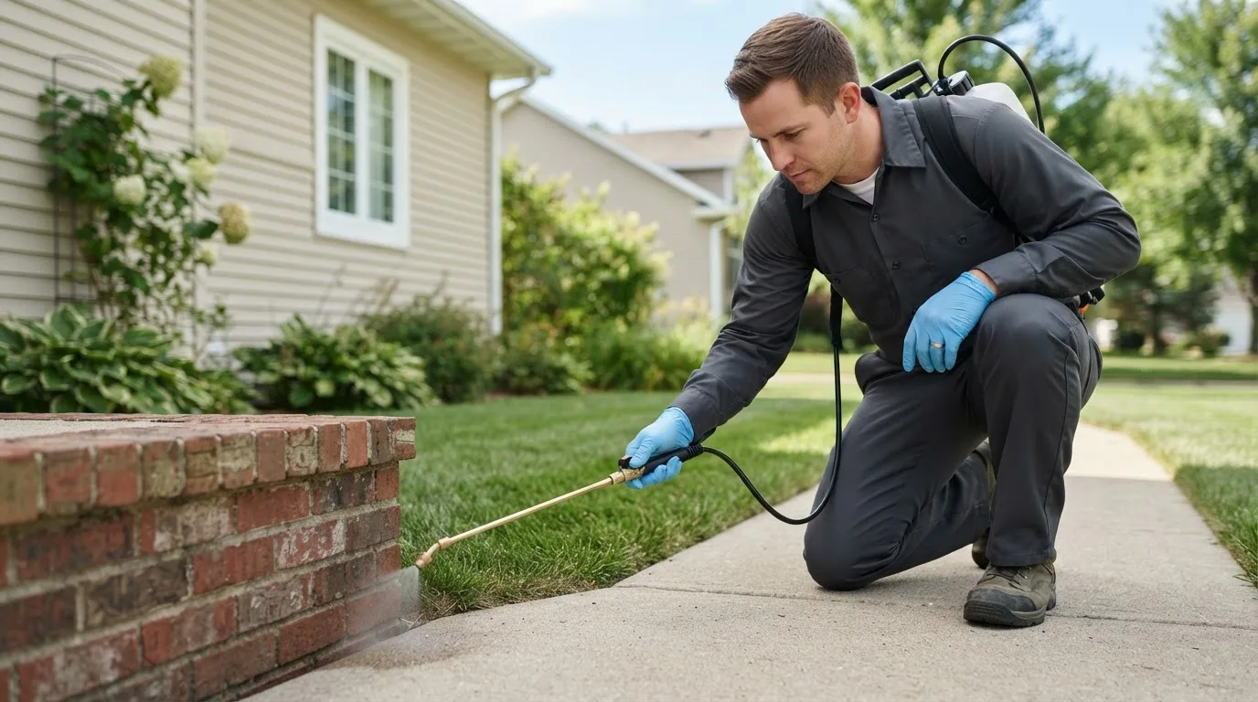 Pest control technician treating a home near North Bend, NE