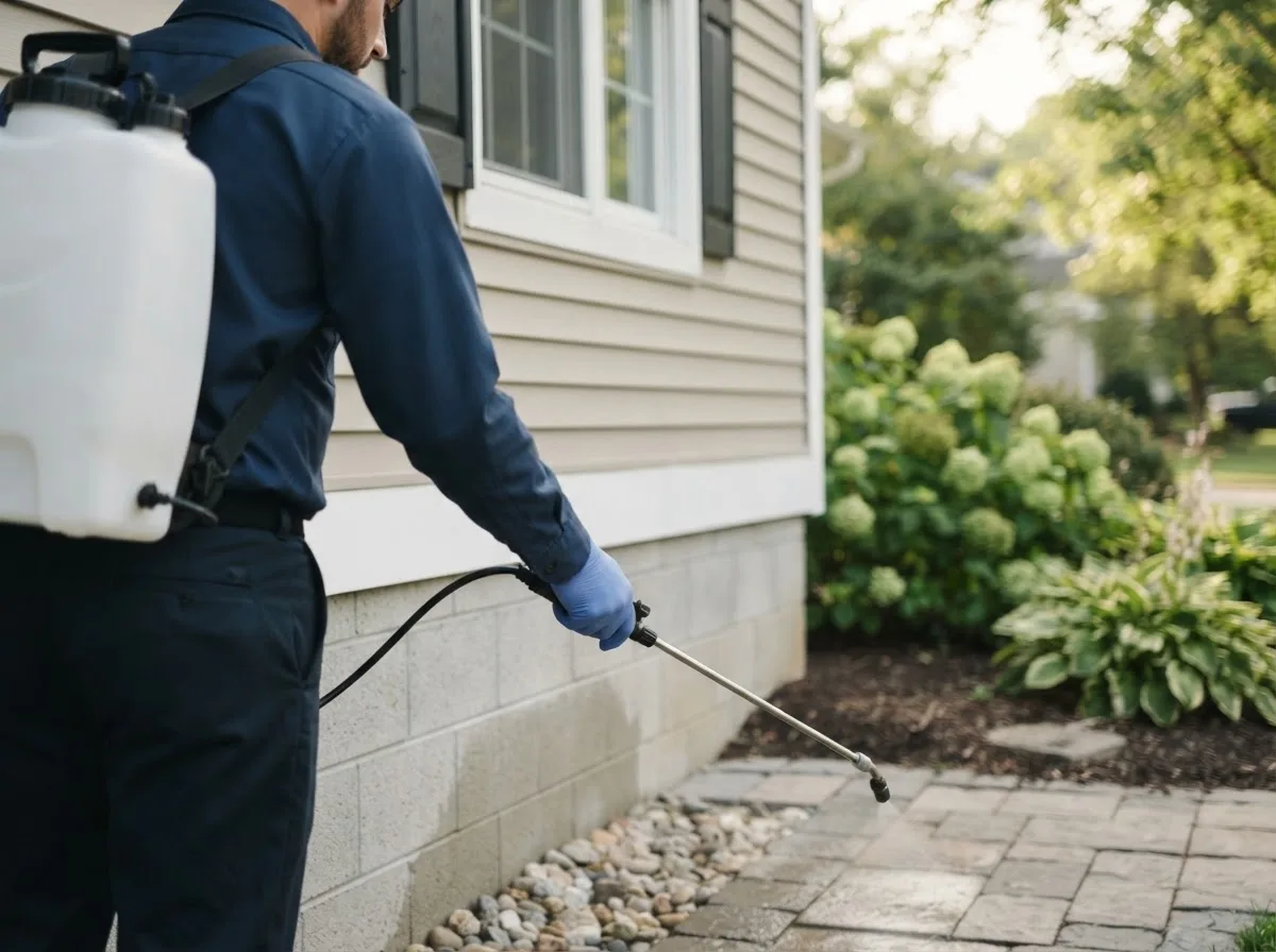 Pest control technician inspecting a home in North Bend, NE